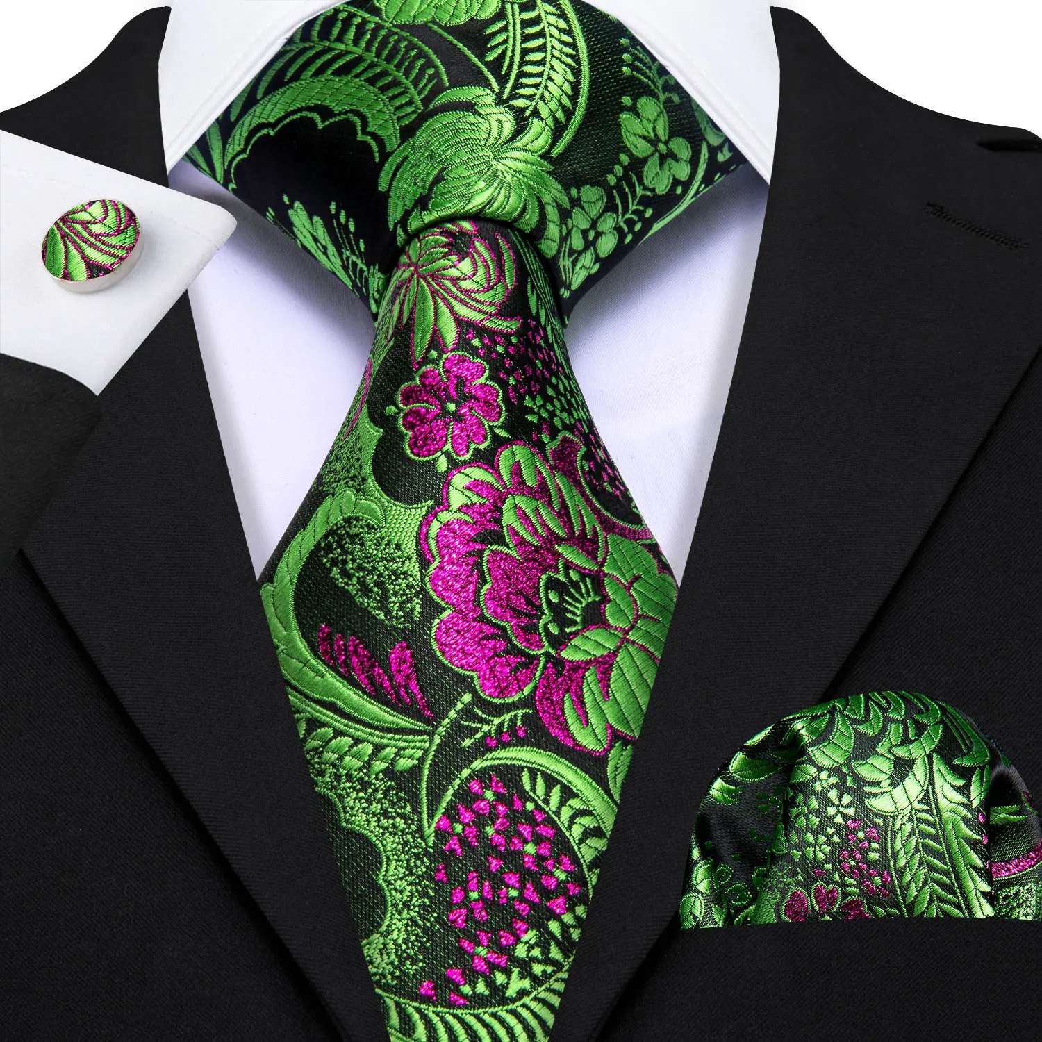 Elegante Multi Floral Seide Herren Krawatte Einstecktuch Manschettenknöpfe Set Jacquard Blume Krawatte Für Männliche Hochzeit Business Party Event Barry.Wang – Detail 18