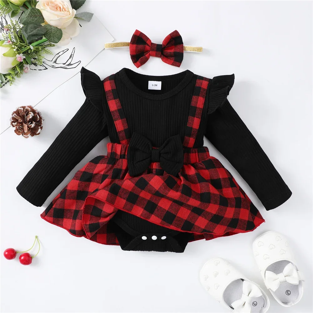 0-18 Months Newborn Baby Girls Christmas Dress Long Sleeve Patchwork Plaid Romper+Headwear Infants Holiday Party Autumn Clothing