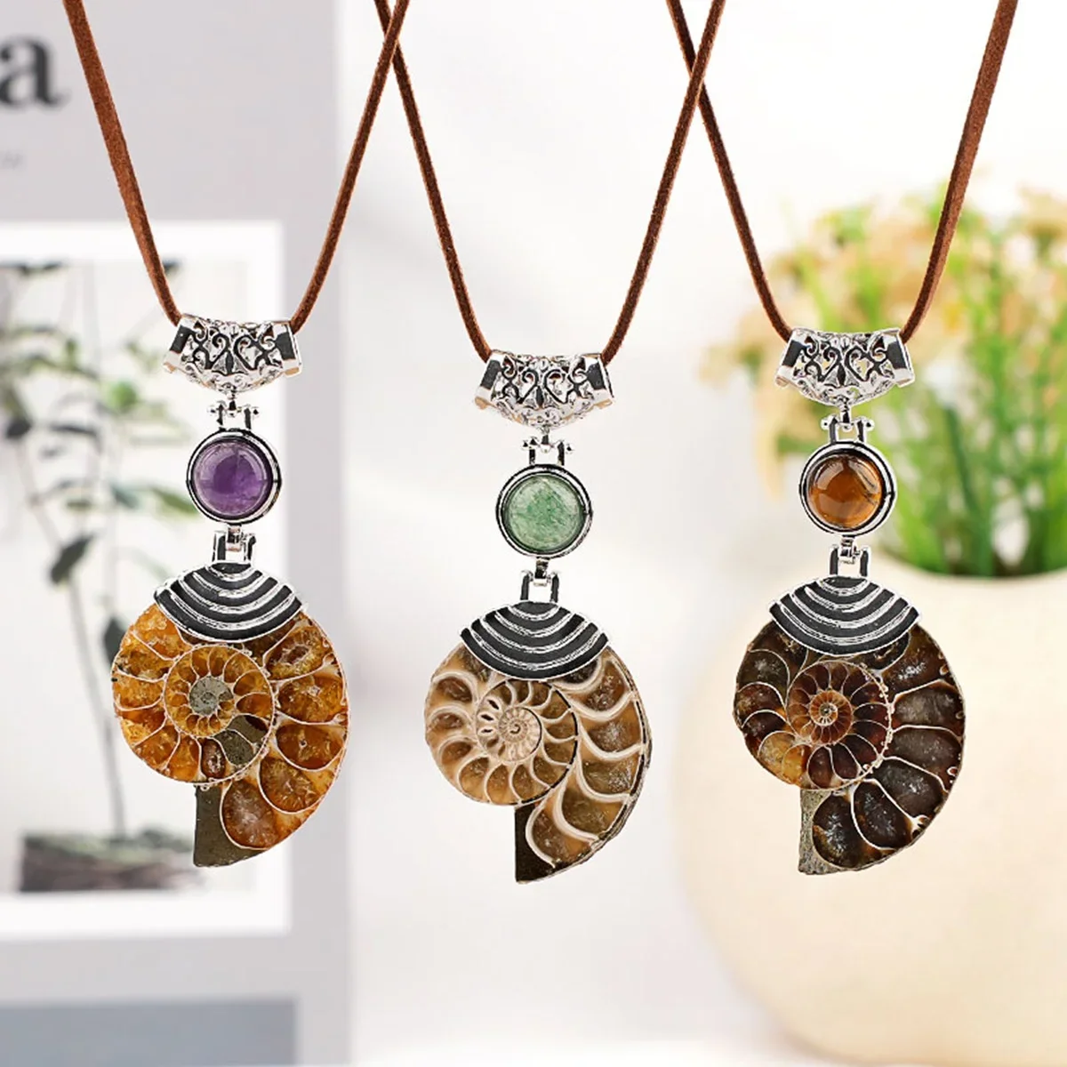 Amethyst Ammonite Stone Pendant Necklace Adjustable Leather Cord Women Men Unisex Healing Chakra Jewelry