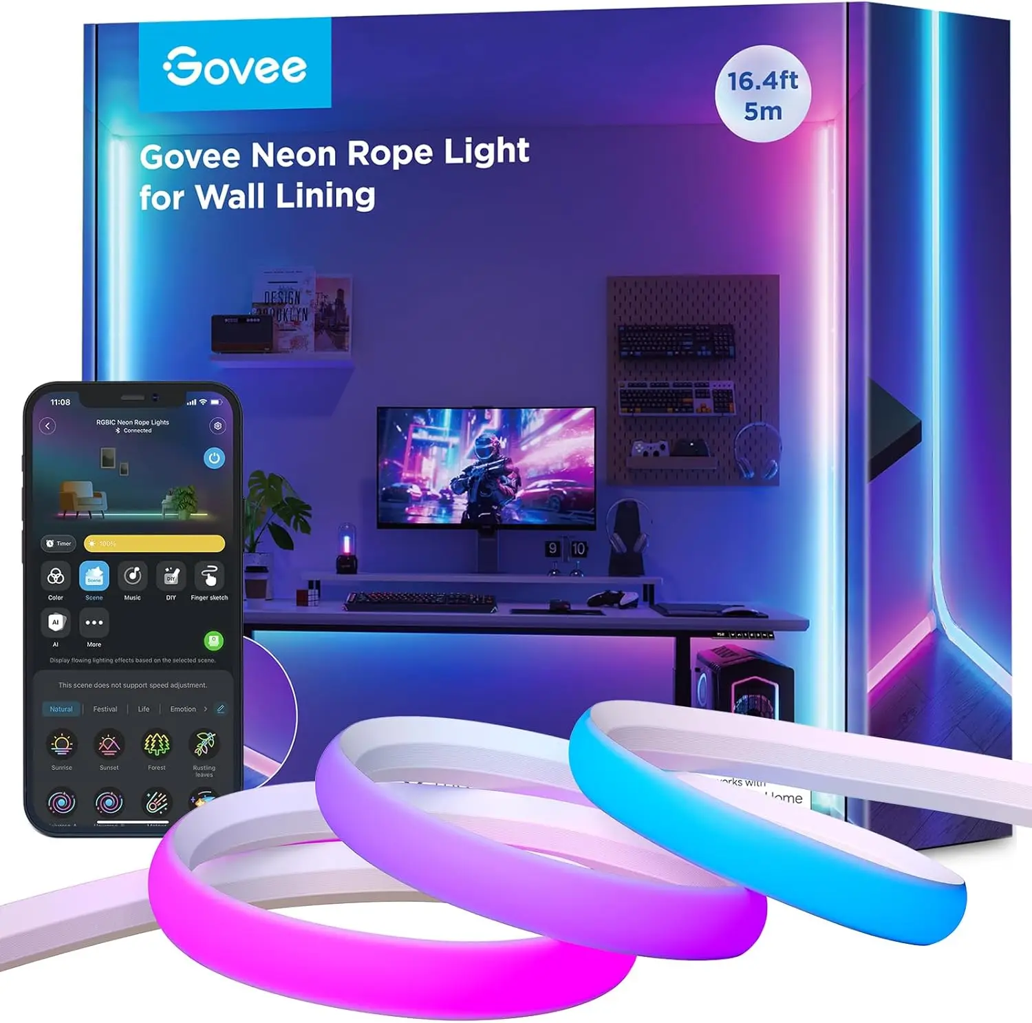 

Smart Neon Rope Light for Wall Lining, 16.4ft RGBIC LED Strip with Voice Control and Music Sync for Home Decor