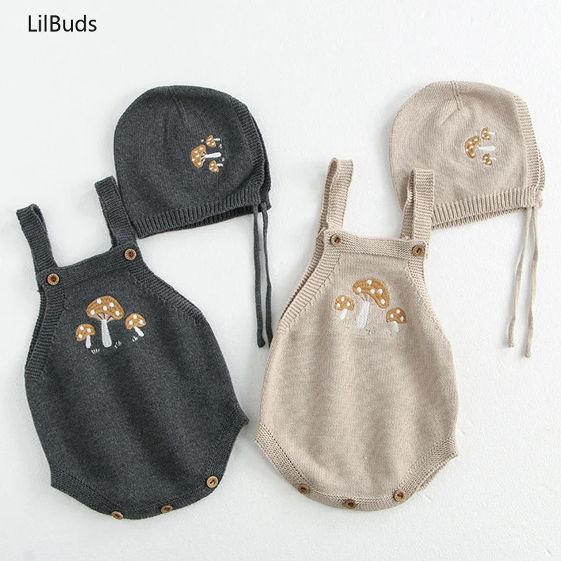 

2024 Newborn Boys Girls Sets 2pcs Baby Bodysuits Infant Unisex Playsuits Children Embroidered Mushrooms Onesie Hats Outfits