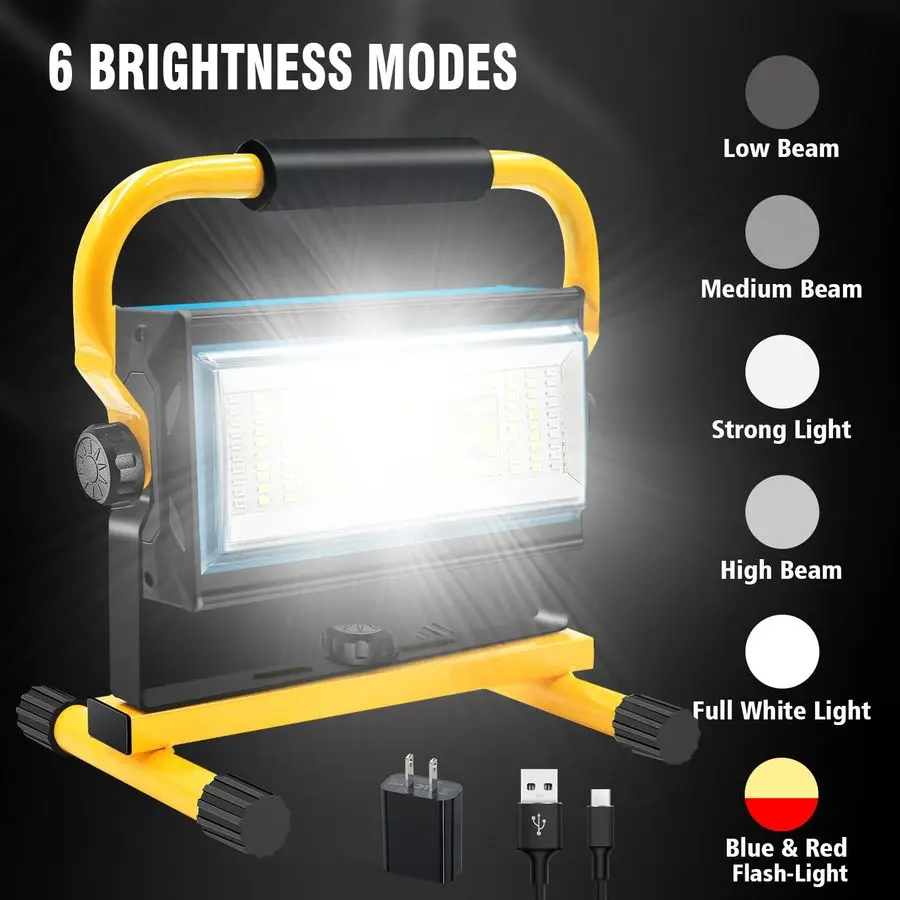 COB Rechargeable Work Light, 7000LM Cordless LED Work Lights, Waterproof Portable Flood Light with Stand for Outdoor Camping, Hi