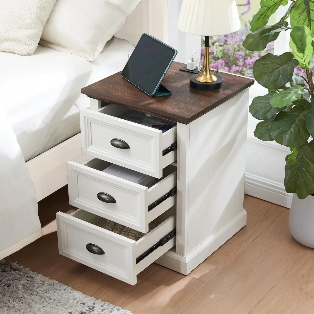 

21" Tall Nightstand with 3 Drawers, Farmhouse Style 18" Wide Side Table with Charging Dock, Wooden Rustic Side Table