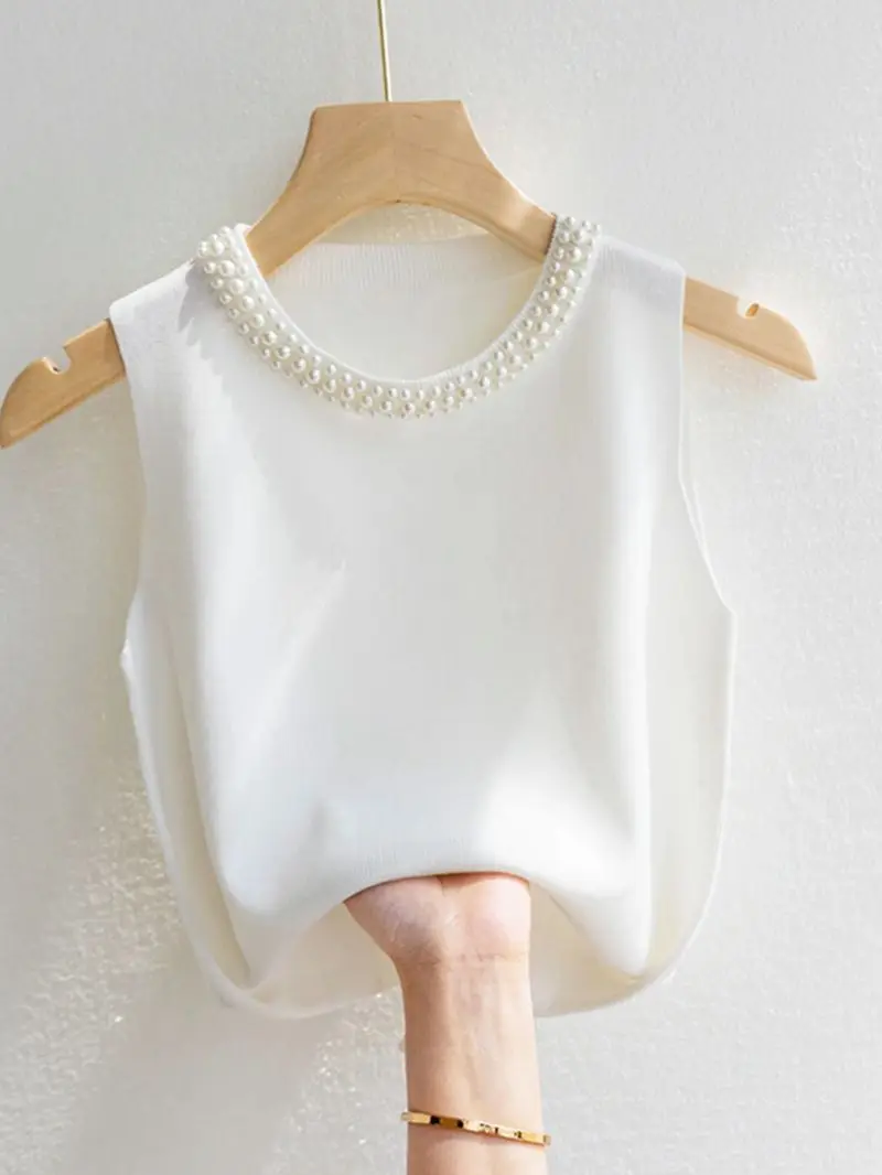 Knitted Vest Sweater Women\'s White Sleeveless Bottom Shirt 2024 New Spring Autumn Beading O-N eck Elegant All-Matched Knit Top