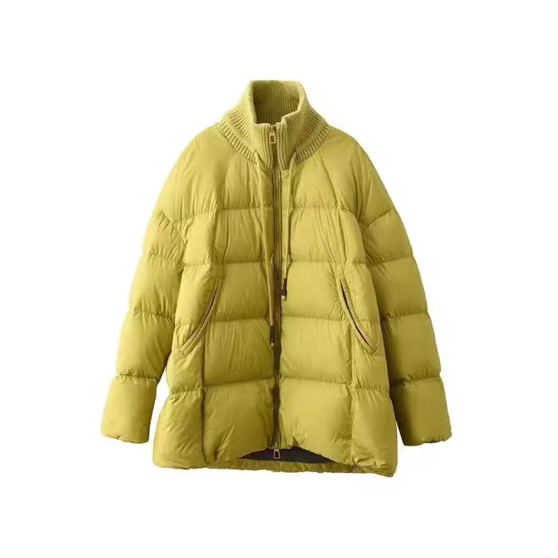 Jaket Musim Dingin Wanita dengan Tali Serut dan Kerah Bergaris Rajutan Patchwork Oversized Tebal Hangat Trendy