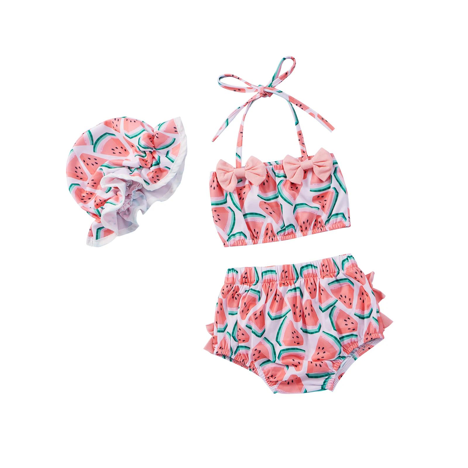 Tregren Infant Girl Swimsuits Watermelon Print Swimwear with Swim Caps 3pcs Bikinis Set Summer Toddler Bathing Suits Beachwear