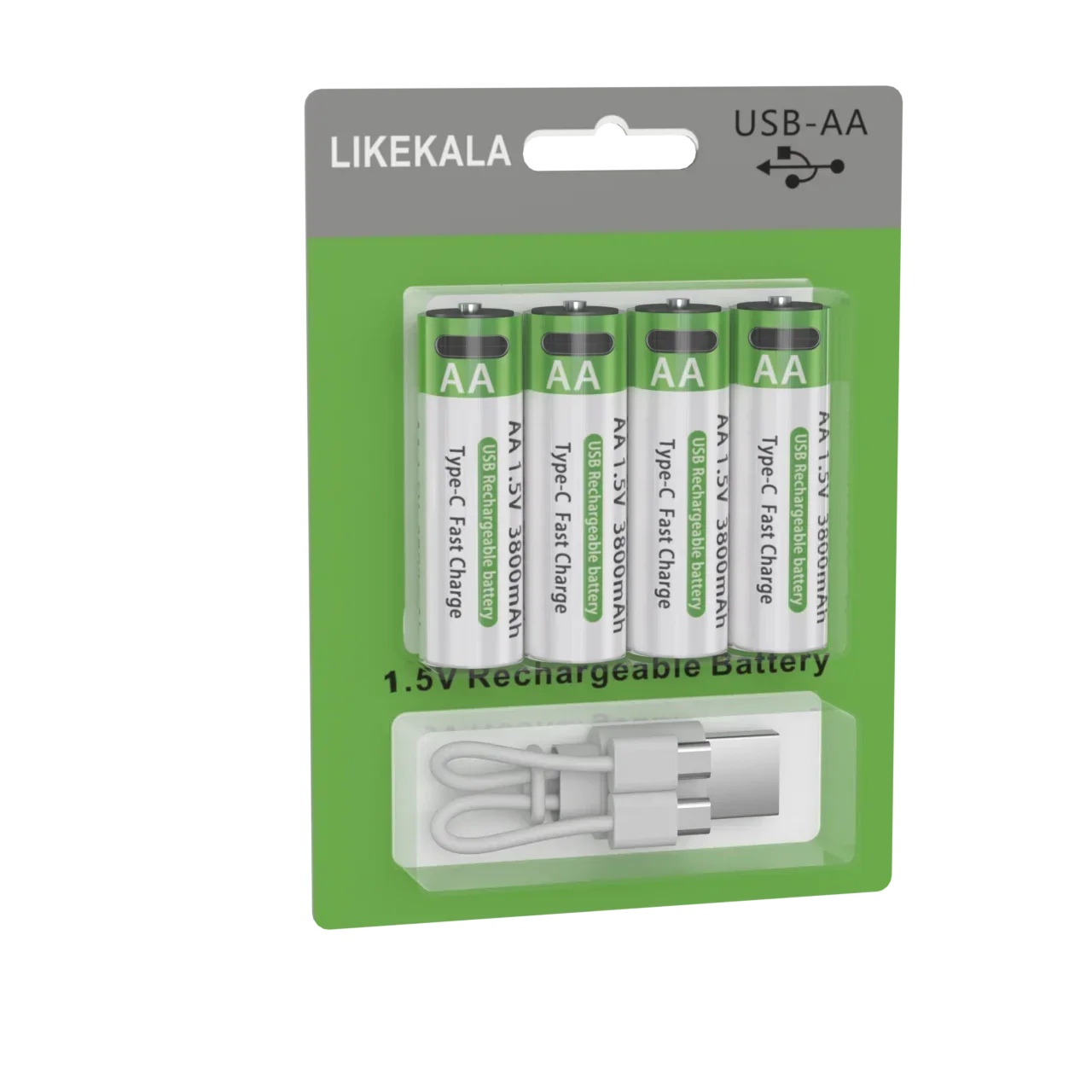 LIKEKALA Li-ion AA بطاريات قابلة للشحن USB 3800mAh 1.5V AA ماوس، جهاز تحكم عن بعد، بطارية سيارة لعبة 4 عبوات بطاقات معلقة