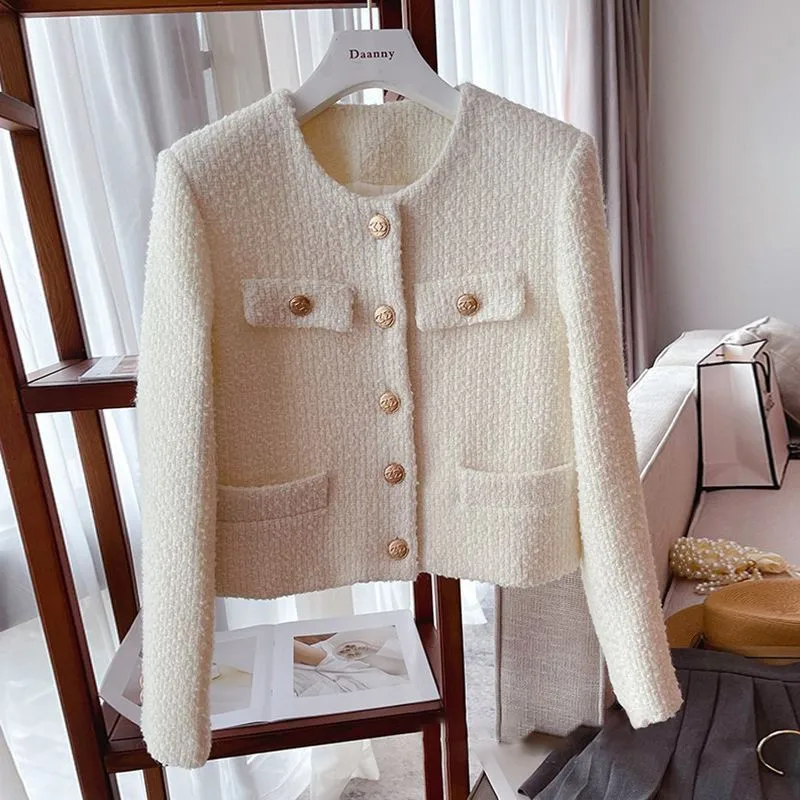 Fashion White Woolen Coat 2025 New Spring Autumn Jacket Women's Short Tweed Woolen Tops Casual Korean Version Outerwear Female