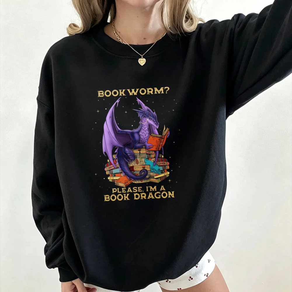 Book Dragon Crewneck Sweatshirt Magical Dragon Reading on Pile of Books Vintage Letter Graphic Pullover Unisex Casual Sweatshirt