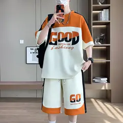 Summer Casual Mens Set Short Sleeve patchwork Print Tshirt + Shorts 2 Piece Sets Streetwear Mens Sports Suit Harajuku Tracksuit