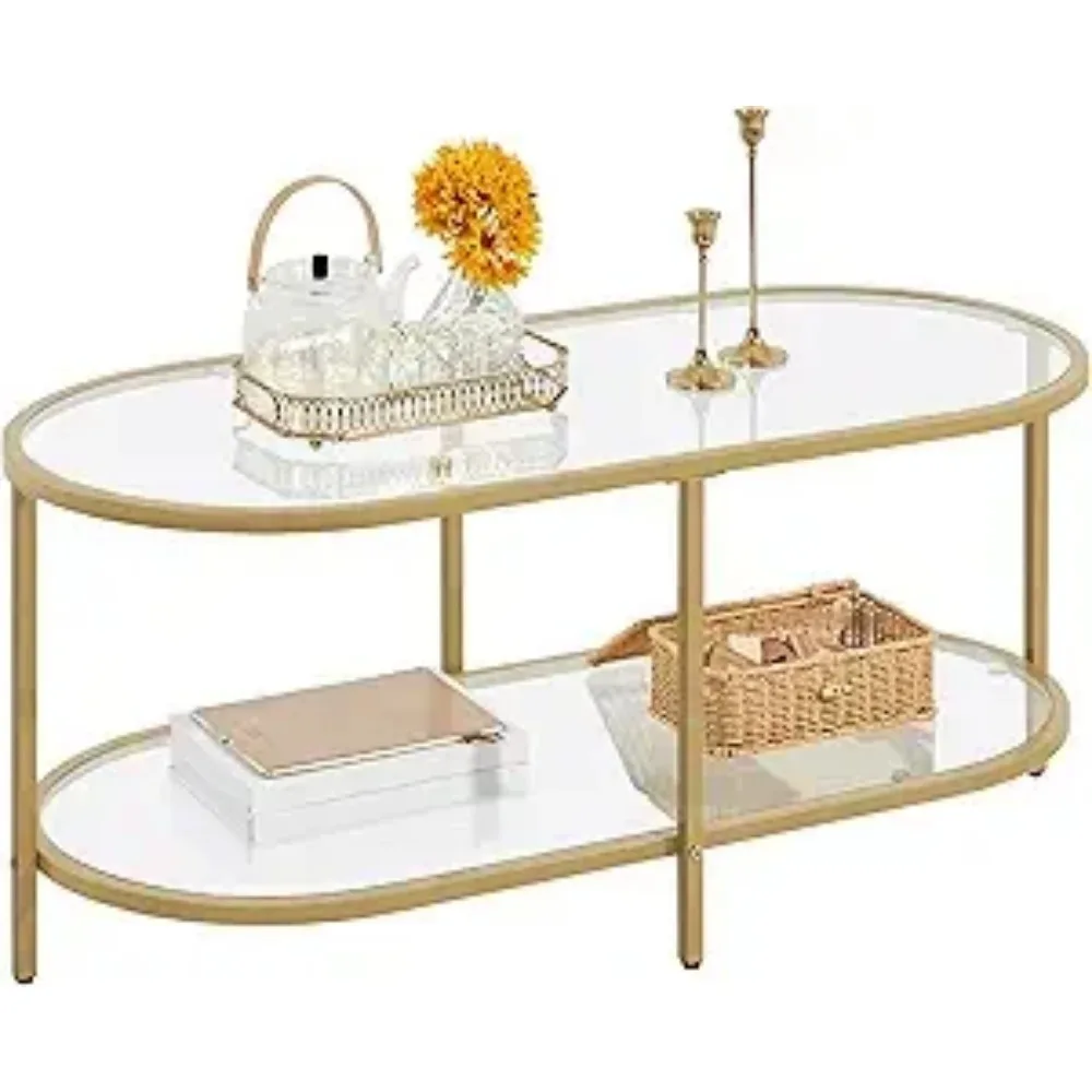 

Tempered Glass Oval Coffee Table 2-Tier Steel Tea Table Spacious Glass Desk Open Storage Shelf Modern Side Table Home Decor