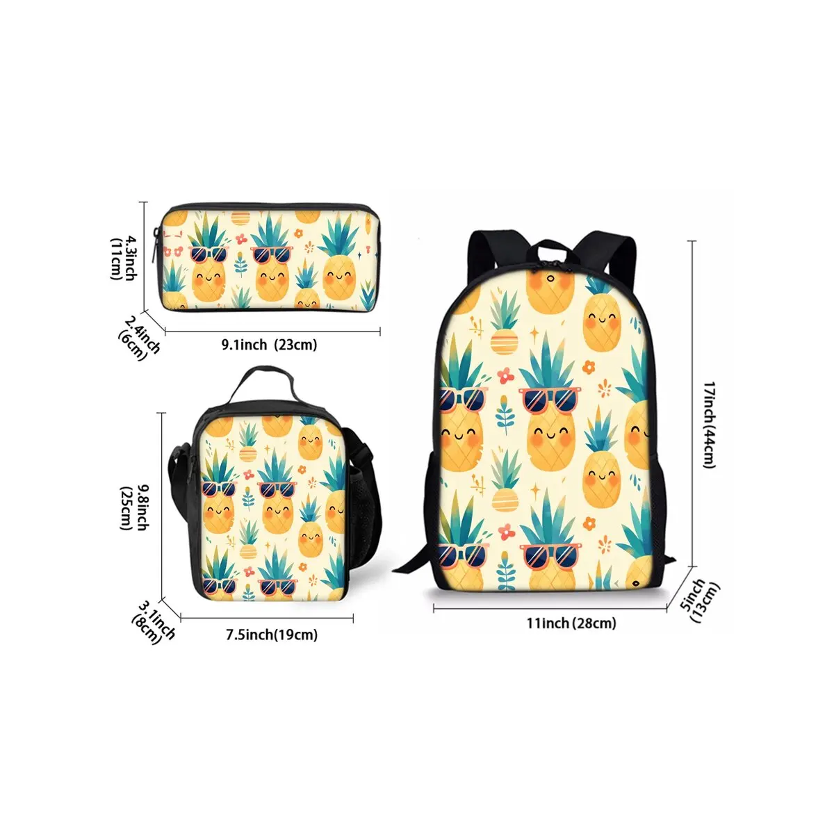 Pineapple Print Three Piece Backpacks Set for Boy and Girls Best Gifts 2D Flat Cartoon School Bag for Children