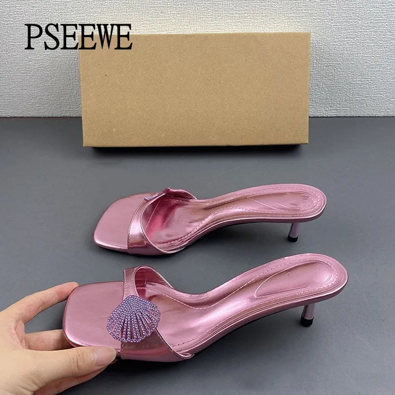 PSEEWE 2024 Summer Women Sandals Sexy Rhinestone Cat Heel Shoes For Woman Slippers Elegant Open Toe Sandals Party High Heels