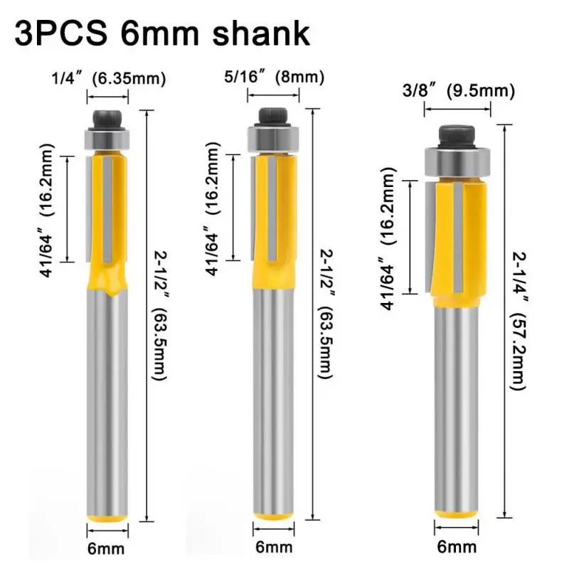 B6 6mm shank diameter three edge trimming cutter, woodworking milling cutter, trimming machine milling cutter