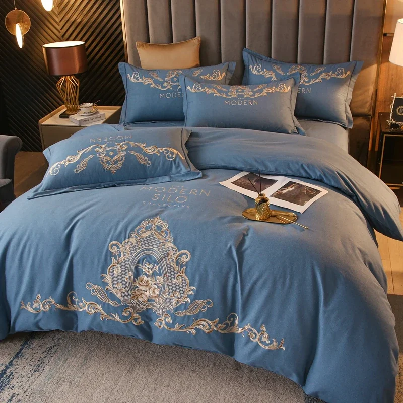 100% Cotton 4Pcs Bedding Set Gold Embroidery Autumn Winter Brushed Duvet Cover Set Bed Comforter Cover Set Bed Sheet Pillowcases