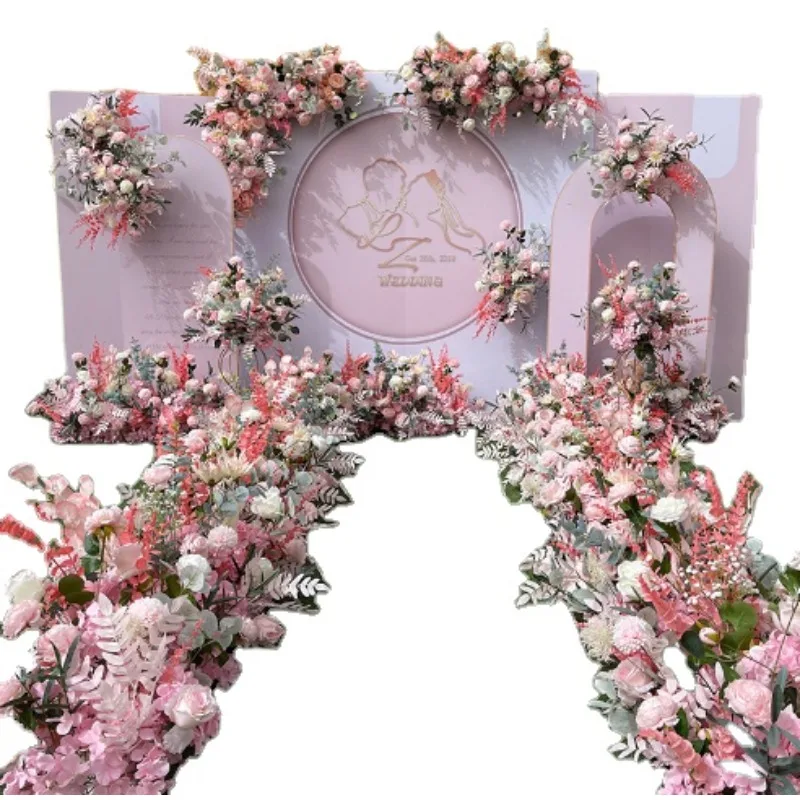 Wedding Events Decorative Pink Floral Backdrop Artificial Flowers Arrangement Triangles Arch Flower Row