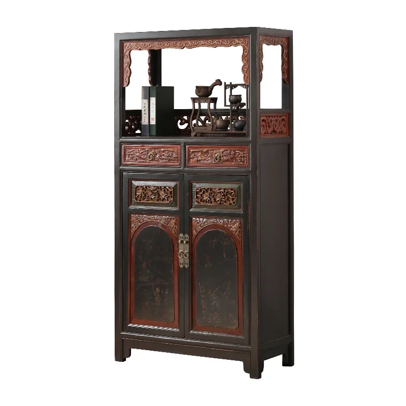 LTT Wabi-Sabi Style Classic Solid Wood Carved Bookshelf Vintage Distressed Storage Cabinet Living Room Corner Cabinet