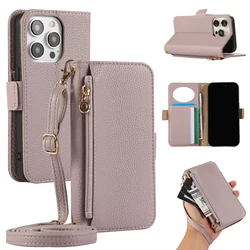 Luxury Shoulder Strap Zipper Purse Leather Card Wallet Case For iPhone 12 13 14 15 16 17 Pro Max Plus Mirror Makeup Phone Cover