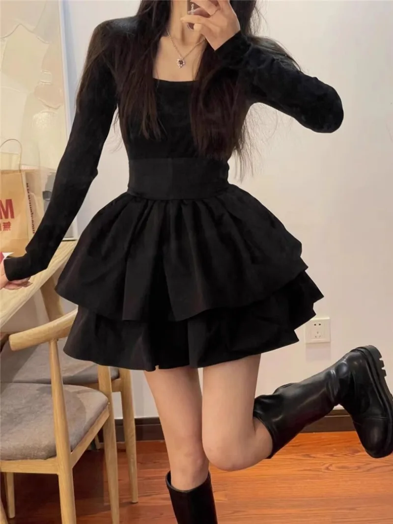 

French Temperament Knit Fluffy Dress Women Fashionable Square Neck Lace Up Sweet Celebrity Solid Slim College Banquet Lady Wear