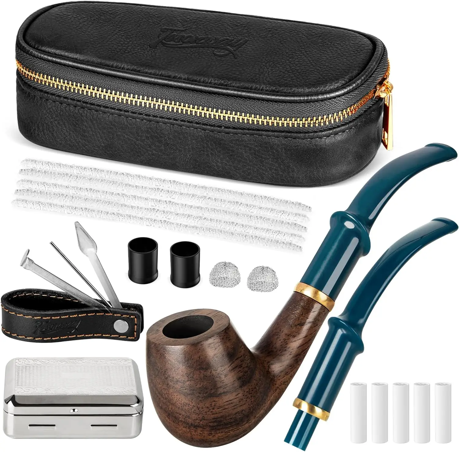 Ebony Wood Pipe Set with PU Leather Travel Pipe Pouch,Replaceable Pipe Stem,Pipe Filters and Smoking Pipe Accessories