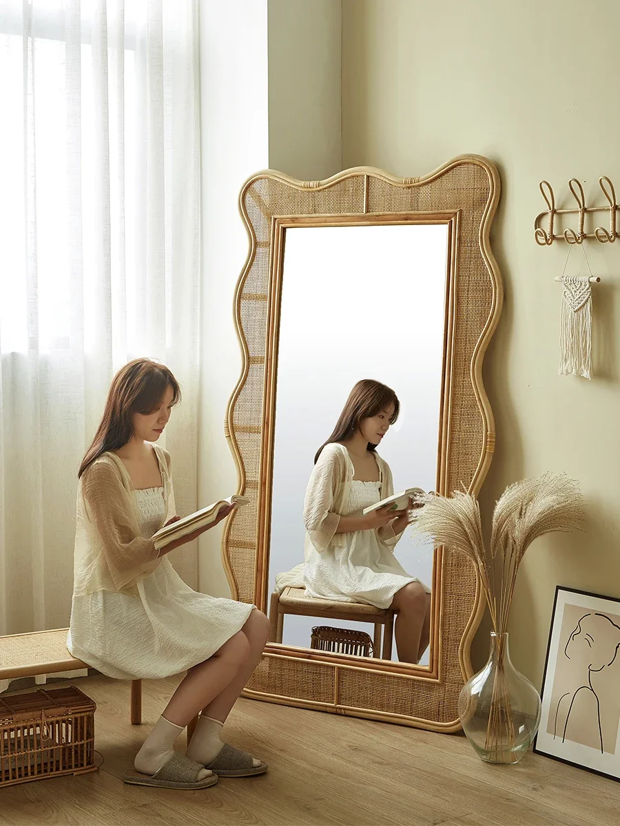 Vine woven large mirror, full body floor mirror, fitting mirror, wave Japanese movable mirror