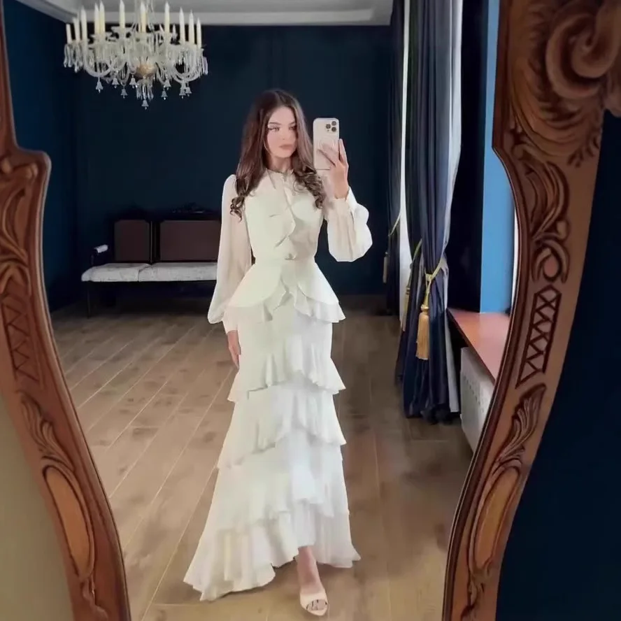 Elegante sólido cintura alta chiffon vestidos de festa mulher em torno do pescoço em camadas babados vestido longo outono manga longa vestido de noite