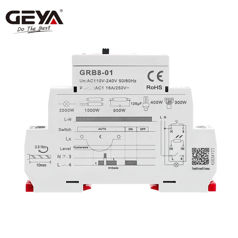 GEYA GRB8-01/02 Din rail Twilight Switch Photoelectric Timer Light Sensor Relay AC110V-240V Auto ON OFF