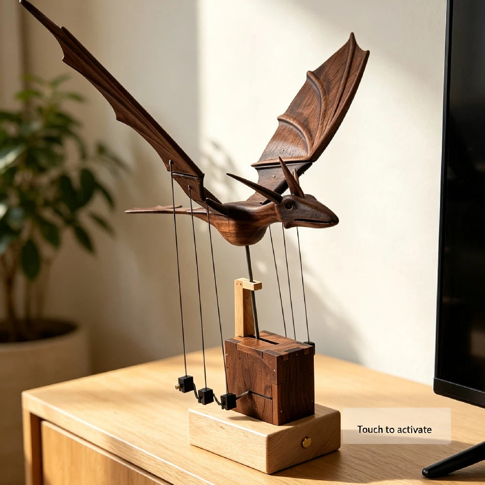 Kinetic Wooden Dragon Desk Sculpture, Mechanical Moving Wing Display, Handmade Office Decor Birthday Christmas Gift for Men
