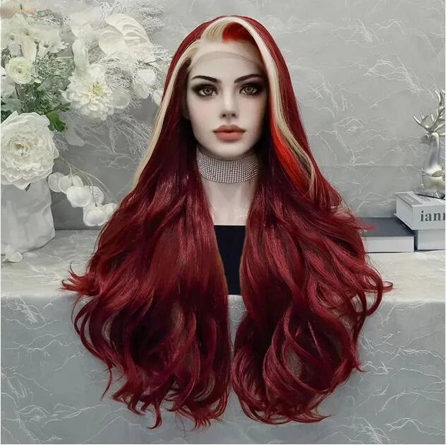 

Long Wavy Dark Red with Blonde Streaks Synthetic Lace Front Wig Stylish