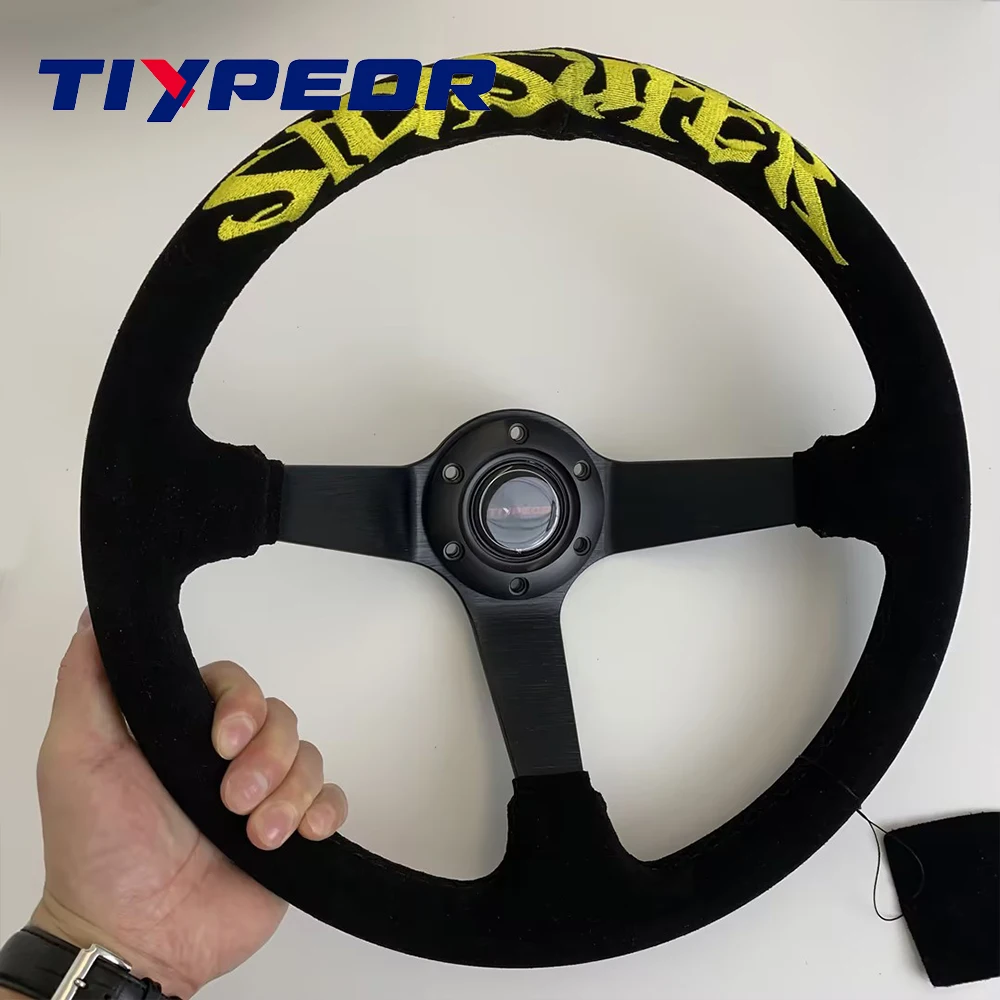 

High quality Yellow Embroidered Velvet Suede Steering Wheel 350MM Non-porous Steering Wheel