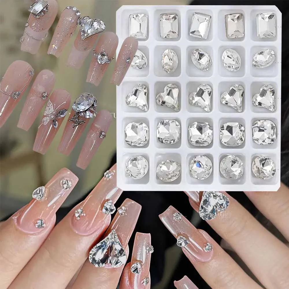 

25Pcs 3D Shiny White Clear Big Diamond Nail Art Decora Pointed Bottom Heart/Oval/Rectangle K9 Glass Nail Gems DIY Nails Accessoy