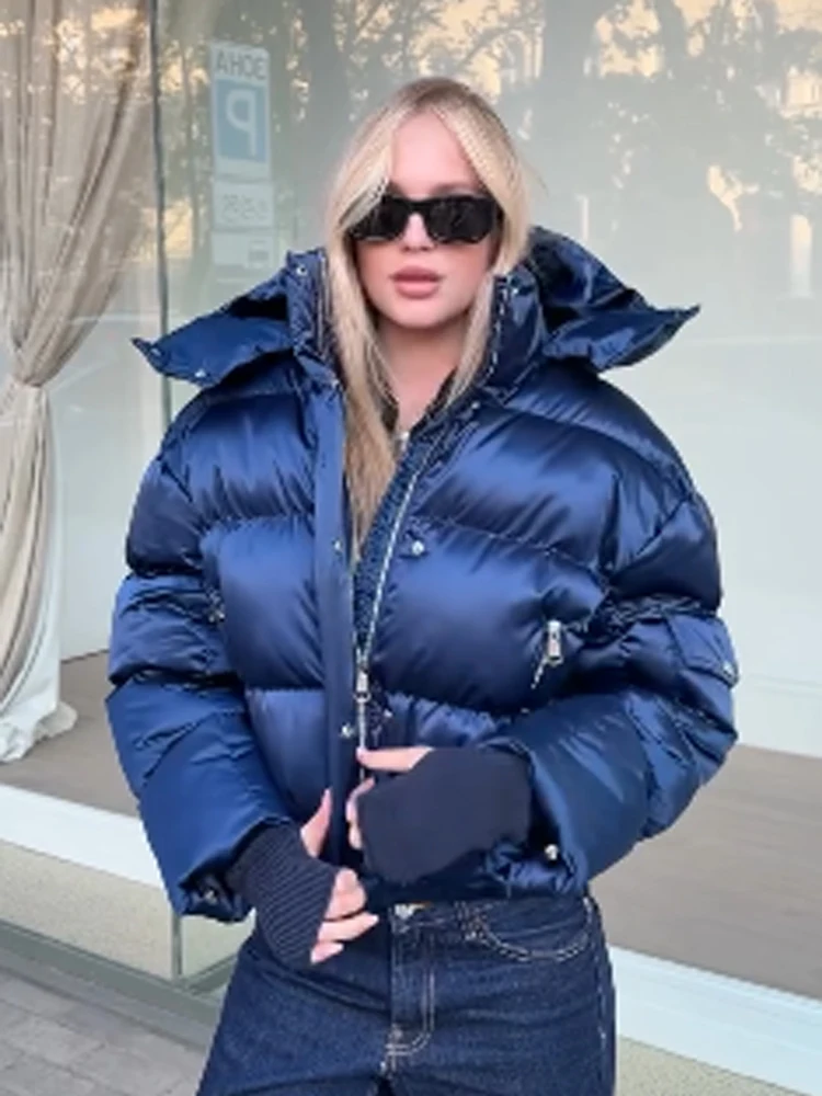 Blue Cropped Hooded Puffer Coat Stand Collar Zip Up Shiny Padded Jacket With Flap Pockets Women Warm Winter Chic Coats Popular