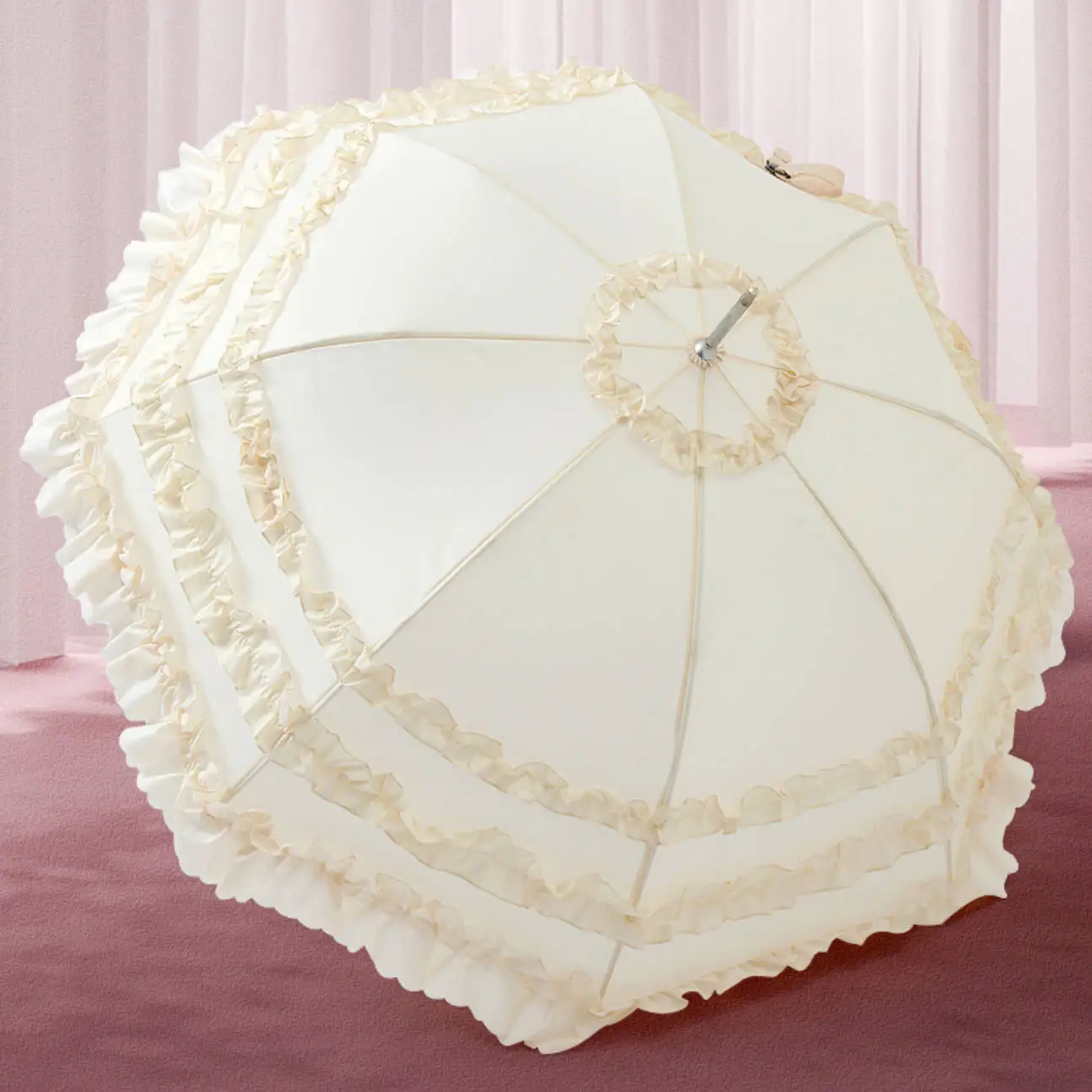 Sombrilla de flores de encaje de mango largo para mujer, sombrilla a prueba de viento, lluvia, marfil, forma de Pagoda, paraguas de Boda nupcial de princesa