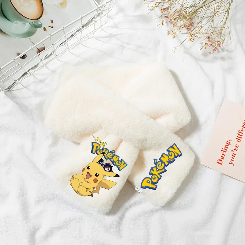 Pokemon Women Winter Warm Thicken Cross Collar Scarf Pikachu Faux Rabbit Fur Plush Elegant Shawl Scarves Birthday Gifts Unisex