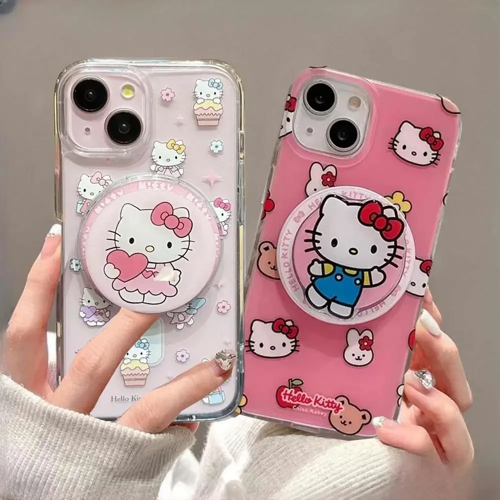 Cute Hello Kitty Magnetic Holder Magsafe Wireless Charge Phone Case for Samsung Galaxy S24 Ultra S22 S23 Plus Ultra Flip 6 5 4