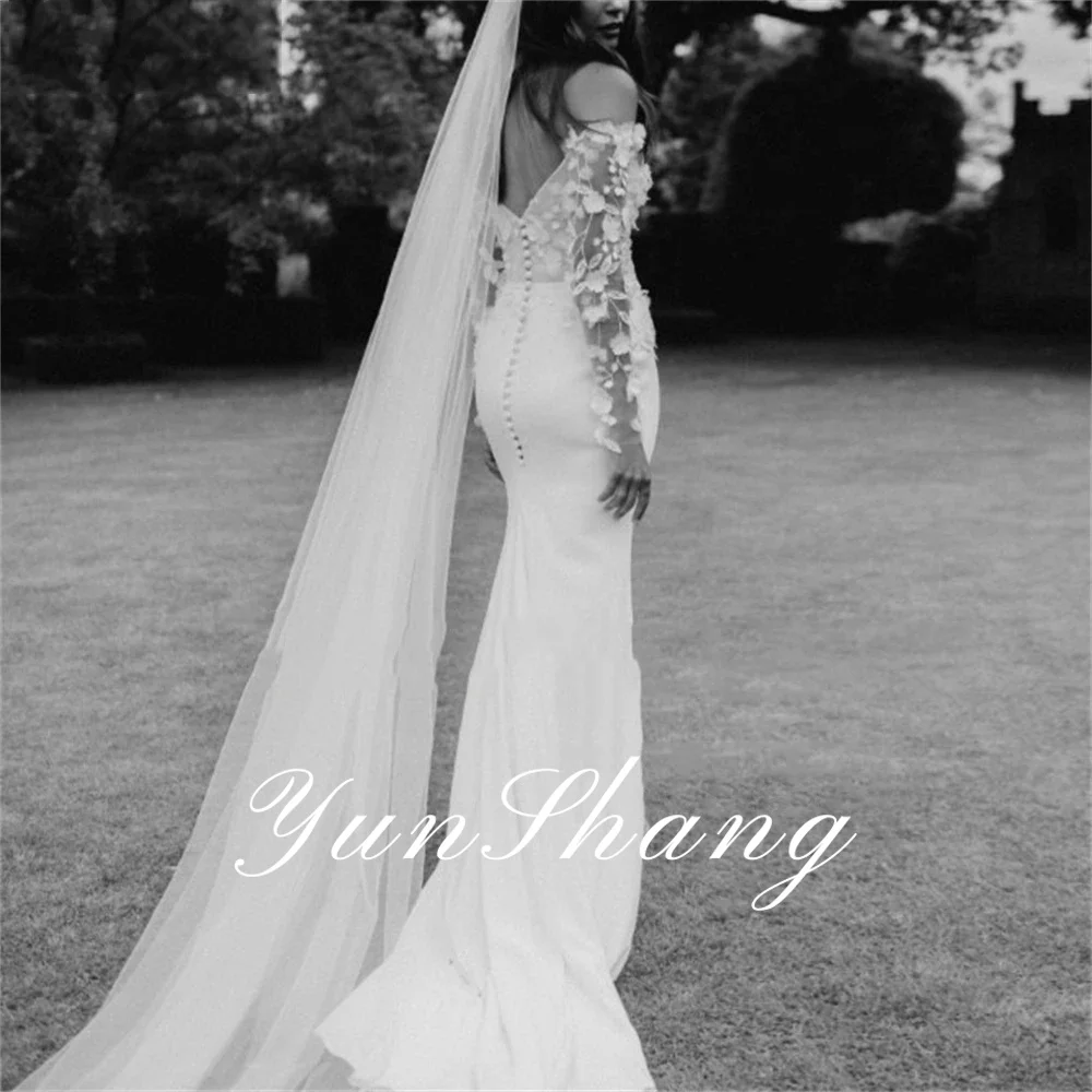 Yunshang Elegant Mermaid Wedding Dress Lace Long Sleeve Off The Shoulder Split Backless Bridal Gown Sweep Train Vestido De Novia