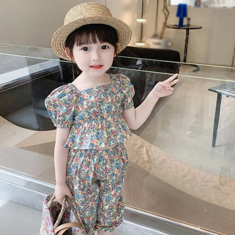 Kids Girls Casual Summer Clothing Sets Outfits for Girls Toddler Floral Print Puff Sleeve Tops+Pant Fashion Children Clothes