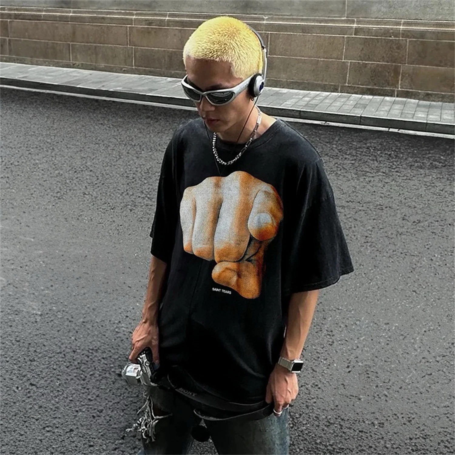 

ВИНТАЖНЫЙ Saint Of Michael с принтом пальцев в стиле ретро, старая школа, уличный стиль, повседневные топы большого размера, футболка для мужчин