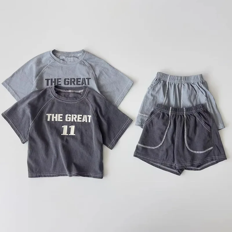 5468 Ins Children Clothing Set 2026 Korean Summer Boys' Suit Fashion Retro Letters Top+Short Casual Girl's Two-piece Suit