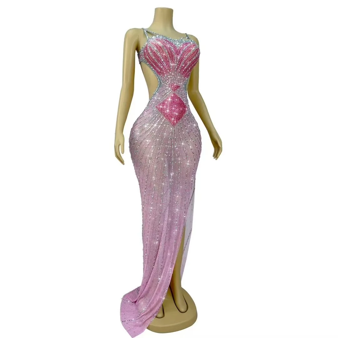 Sexy Pink Sparkly Rhinestones Supenders High Split Backless Dress Women Evening Prom Gown Red Carpet Stage Photoshoot Costume