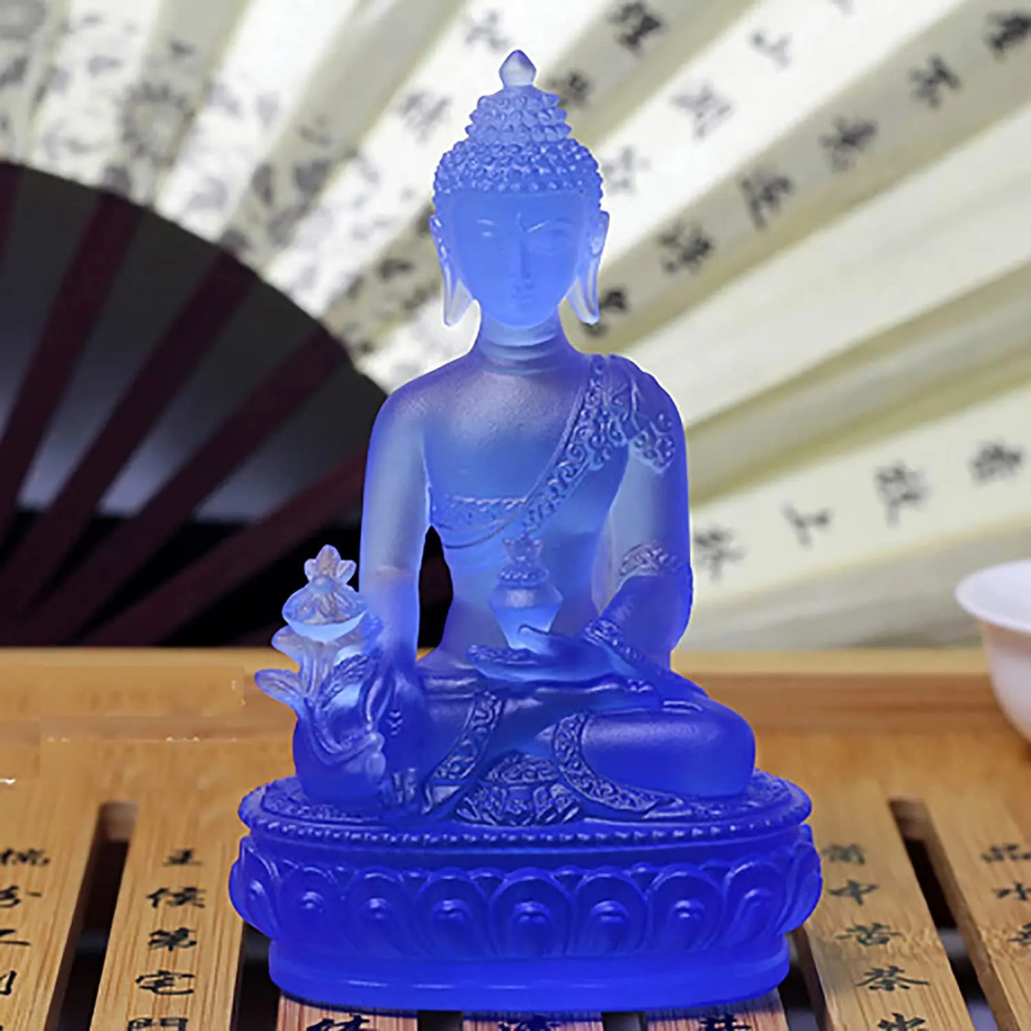 Tibetan Medicine Buddha Statue Translucent Resin Buddha Sculpture Meditation Decor Spiritual Decor Collectible -Blue