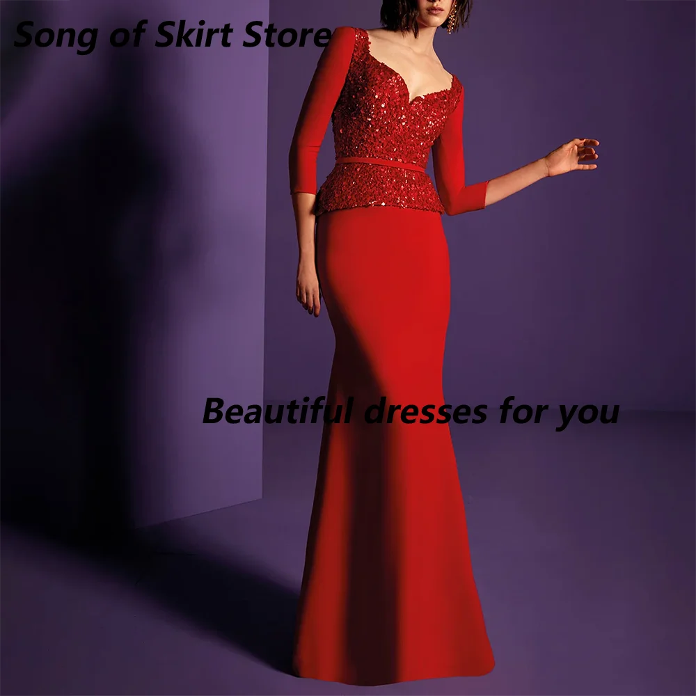 Luxury Wedding Party Dress Customized 3/4 Sleeves Mermaid Formal Evening Gowns Red Jersey Sequin Mother of The Bride Dresses