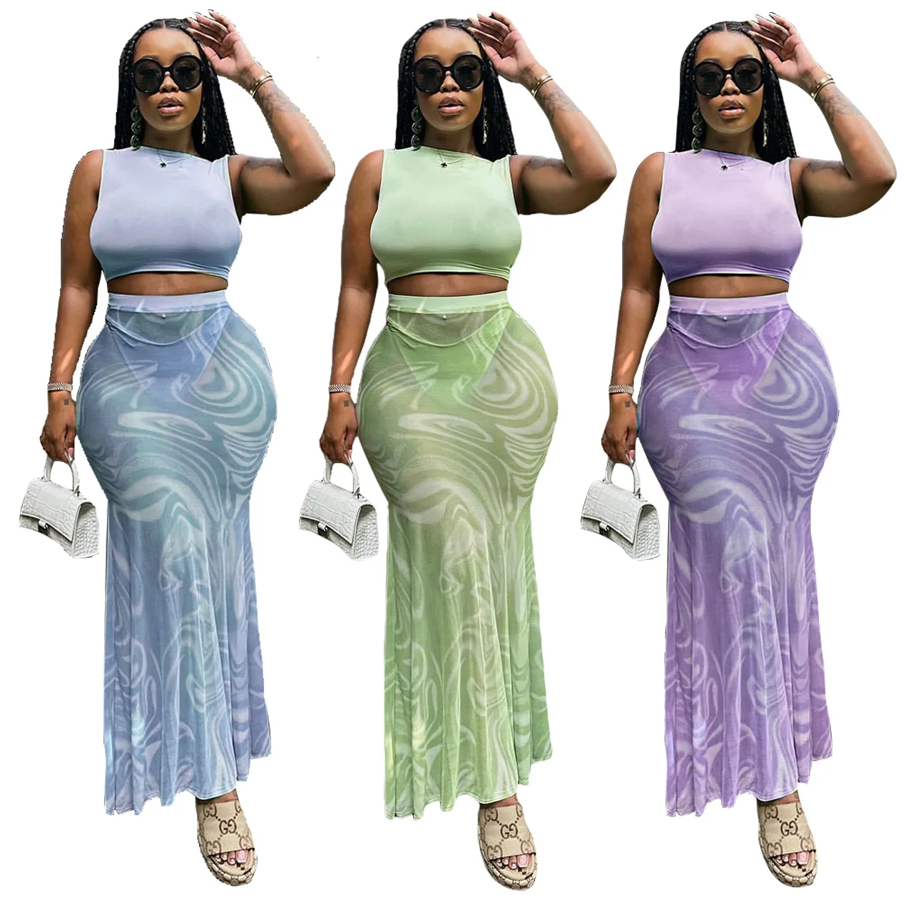 

SKMY Women Clothing Summer Sexy Mesh Perspective Fashion Printed Sleeveless Crop Tops Shorts And Skirts Three Piece Sets Outfits