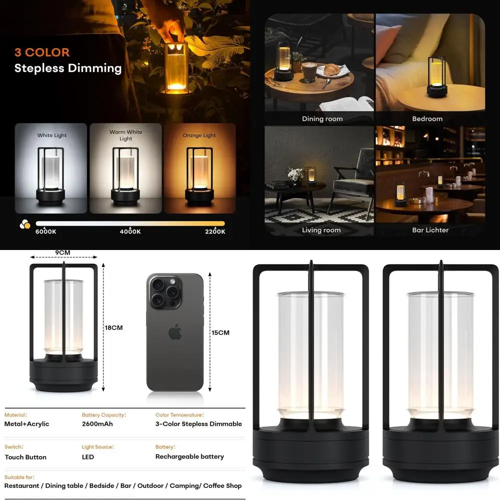 Lampada da tavolo a LED wireless, ricaricabile, regolabile in 3 colori, per esterno/interno, set di 2 nere