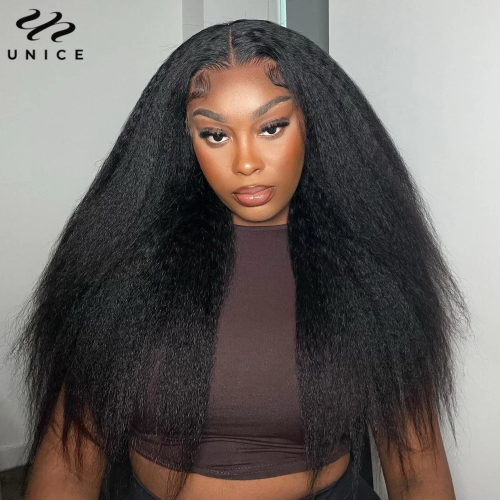 UNice Pre Everything 13x4 Lace Front Kinky Straight Human Hair Wigs Pre Cut Pre Bleached Pre Plucked Lace Frontal Wigs