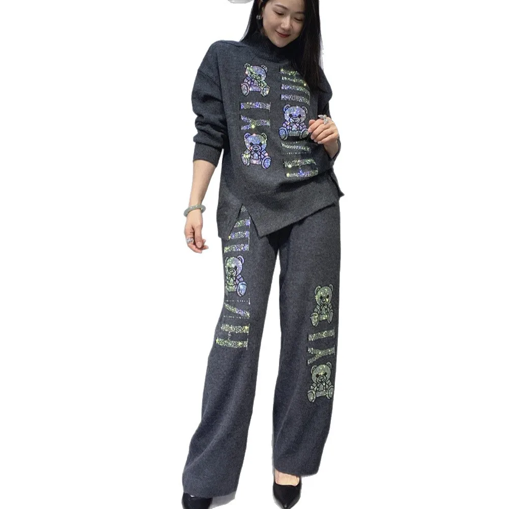 Ensemble tricoté européen et américain pour femmes, pull à col haut + pantalon à jambes larges, ensemble deux pièces, automne hiver