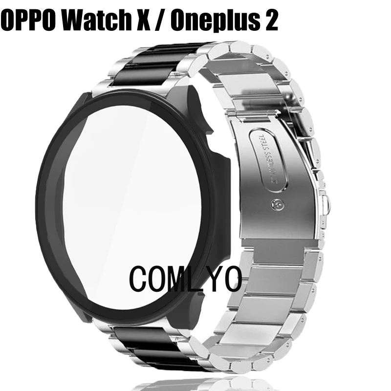 For Oneplus watch 2 / OPPO Watch X Strap Case Glass Screen Protector Protective Full Cover Smart watch Band Stainless Steel