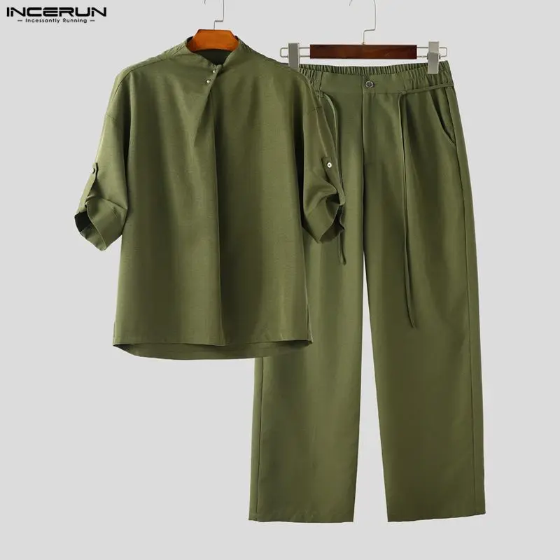 Incerun conjuntos masculinos cor sólida camisa plissada e calças duas peças conjuntos soltos streetwear 2025 moda masculina ternos casuais S-5XL