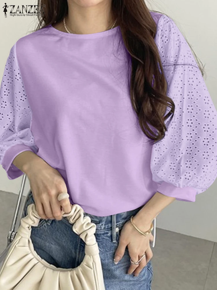 Damska elegancka koronkowa patchworkowa bluzka ZANZEA wiosenna latarnia rękaw koszula do pracy moda Casual wakacyjne topy tunika Femme luźne Blusas