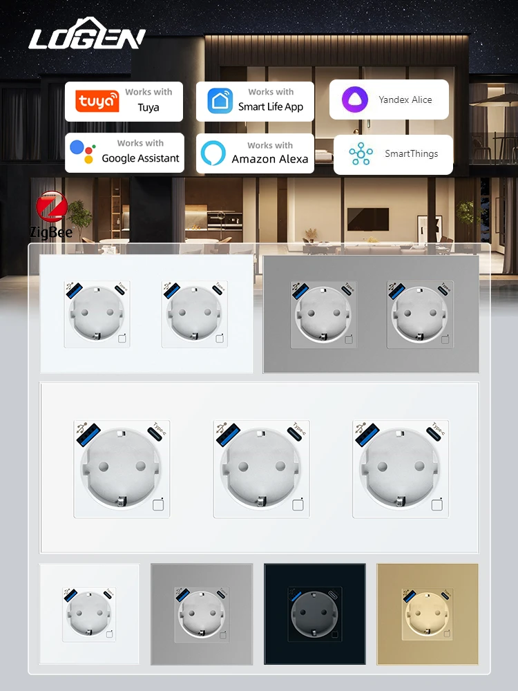 

LOGEN Zigbee EU Wall Socket Energy Monitoring Double Triple Smart Sockets Type-C USB Timer Schedule Tuya Alexa 220V Glass Panel